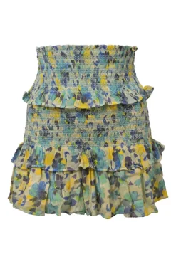 Blue shirred cotton floral print Norleen two-piece set featuring ribbon-tie strap crop top and ruffle tier mini skirt
