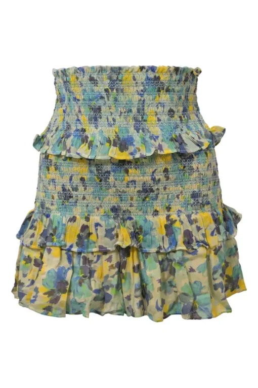 Blue shirred cotton floral print Norleen two-piece set featuring ribbon-tie strap crop top and ruffle tier mini skirt