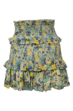 Blue shirred cotton floral print Norleen two-piece set featuring ribbon-tie strap crop top and ruffle tier mini skirt