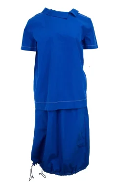 Blue short sleeve, buttoned down back, cotton top and knee length skirt with cargo pocket, drawstring details and stretch waist