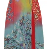 Blue silk abstract floral print pull-on midi slip dress with contrasting inverted pleat slit