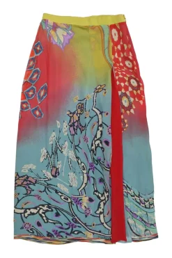 Blue silk abstract floral print pull-on midi slip dress with contrasting inverted pleat slit