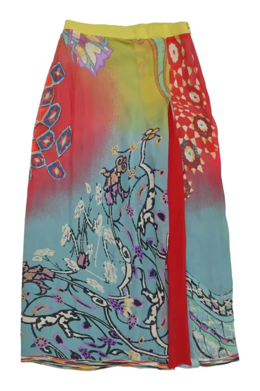 Blue silk abstract floral print pull-on midi slip dress with contrasting inverted pleat slit