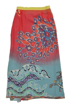 Blue silk abstract floral print pull-on midi slip dress with contrasting inverted pleat slit