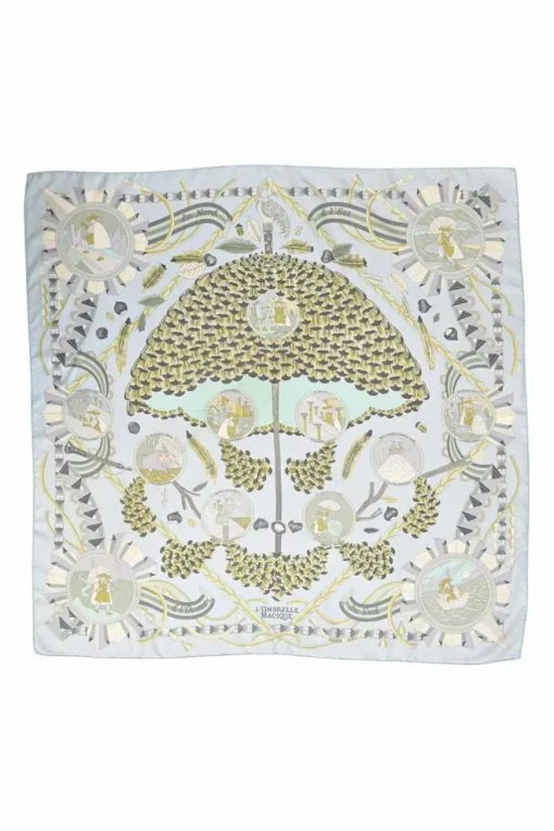 Blue silk 'L'Ombrelle Magique' print scarf featuring original artwork by Pierre Marie