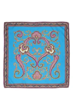 Blue silk paisley print border print scarf