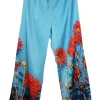 Blue silk satin floral print high-rise pull-on loungewear-inspired trousers with drawstring waistband