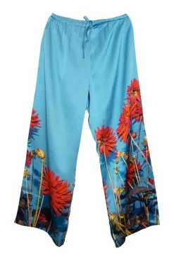 Blue silk satin floral print high-rise pull-on loungewear-inspired trousers with drawstring waistband