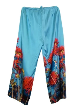 Blue silk satin floral print high-rise pull-on loungewear-inspired trousers with drawstring waistband