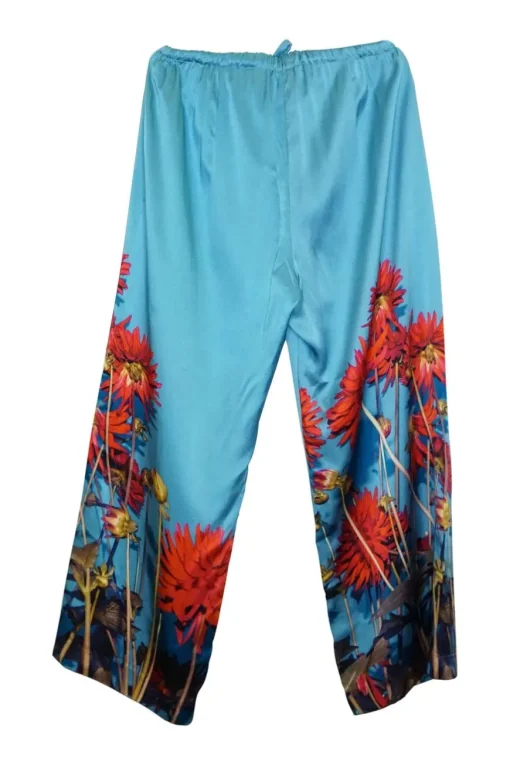 Blue silk satin floral print high-rise pull-on loungewear-inspired trousers with drawstring waistband
