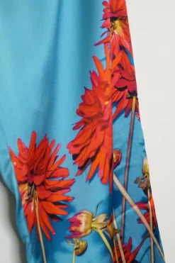 Blue silk satin floral print high-rise pull-on loungewear-inspired trousers with drawstring waistband
