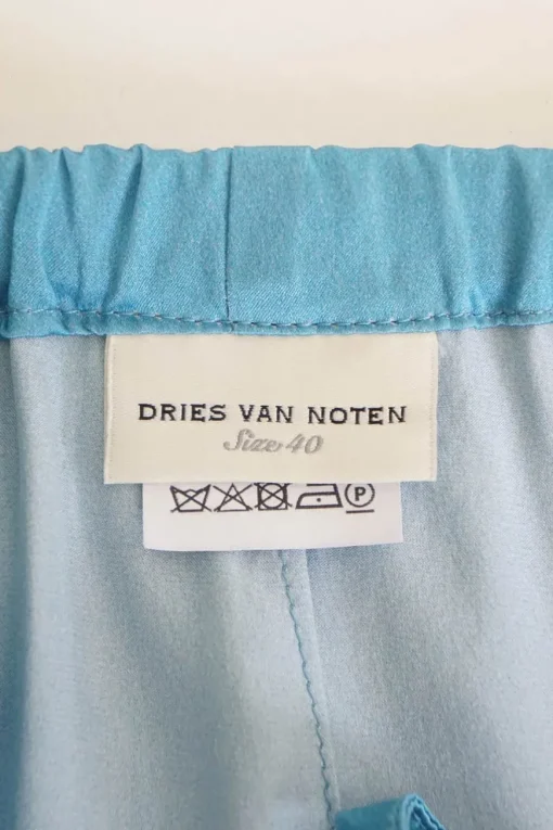 Blue silk satin floral print high-rise pull-on loungewear-inspired trousers with drawstring waistband