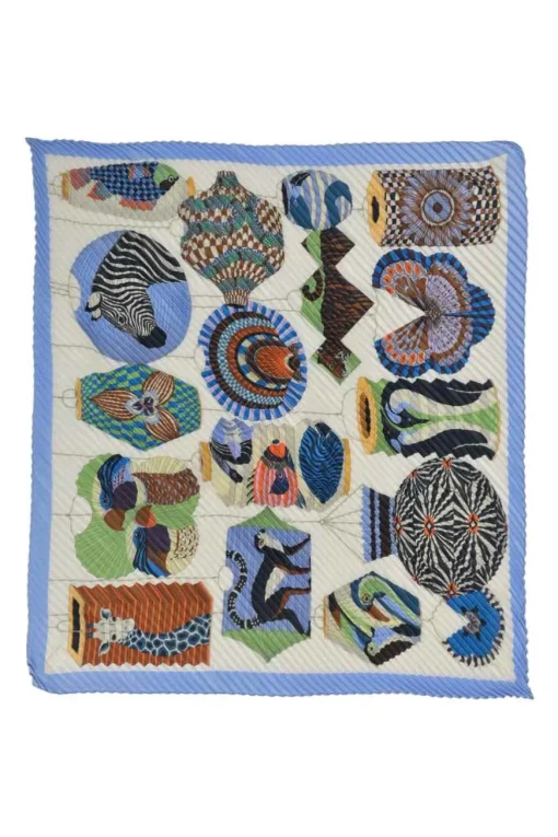 Blue silk novelty animal print plissé scarf