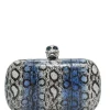Blue snakeskin embellished skull minaudière box crossbody clutch with silver-tone metallic hardware