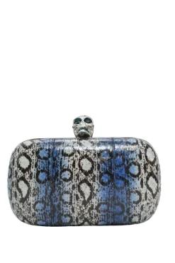 Blue snakeskin embellished skull minaudière box crossbody clutch with silver-tone metallic hardware