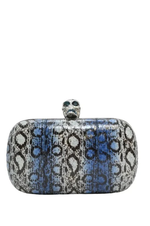 Blue snakeskin embellished skull minaudière box crossbody clutch with silver-tone metallic hardware