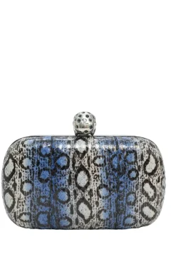 Blue snakeskin embellished skull minaudière box crossbody clutch with silver-tone metallic hardware