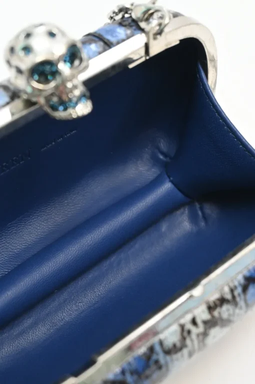 Blue snakeskin embellished skull minaudière box crossbody clutch with silver-tone metallic hardware