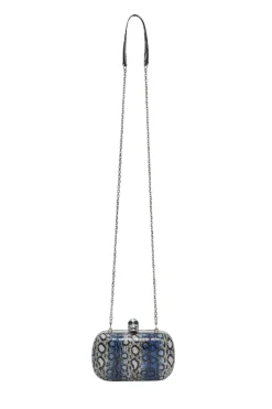 Blue snakeskin embellished skull minaudière box crossbody clutch with silver-tone metallic hardware