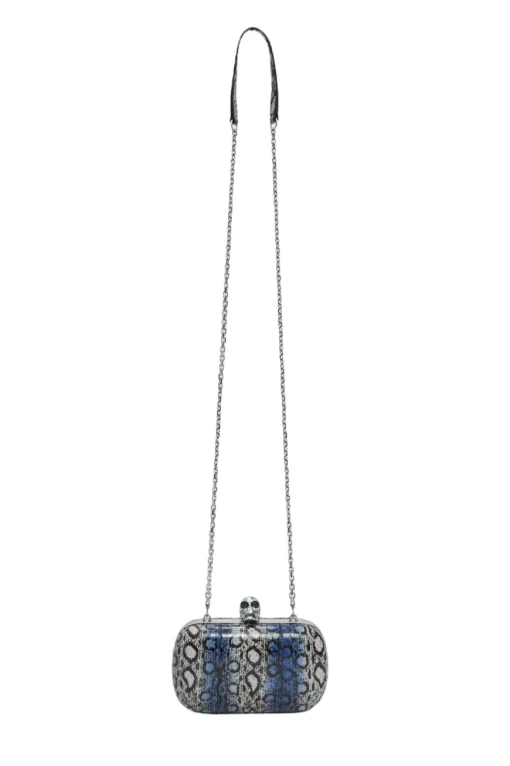 Blue snakeskin embellished skull minaudière box crossbody clutch with silver-tone metallic hardware