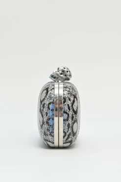 Blue snakeskin embellished skull minaudière box crossbody clutch with silver-tone metallic hardware
