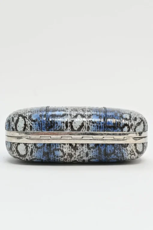 Blue snakeskin embellished skull minaudière box crossbody clutch with silver-tone metallic hardware