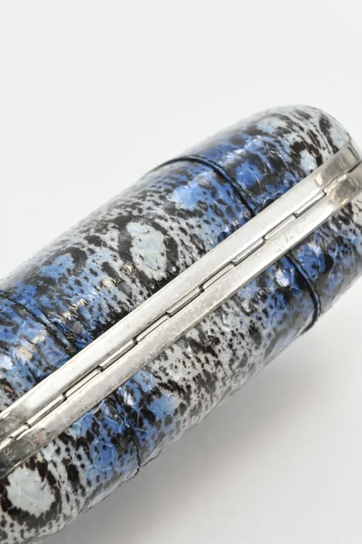 Blue snakeskin embellished skull minaudière box crossbody clutch with silver-tone metallic hardware