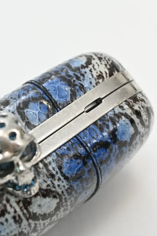 Blue snakeskin embellished skull minaudière box crossbody clutch with silver-tone metallic hardware