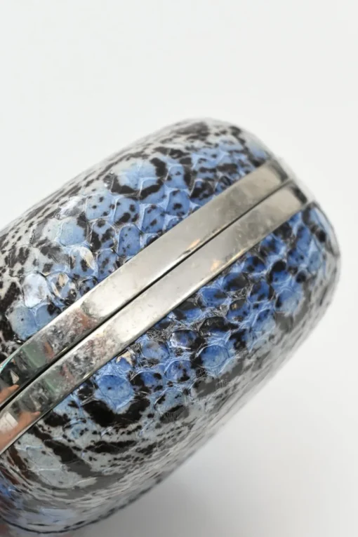 Blue snakeskin embellished skull minaudière box crossbody clutch with silver-tone metallic hardware