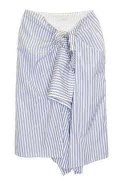 Blue striped cotton poplin tie-front asymmetric draped sarong-style knee-length skirt
