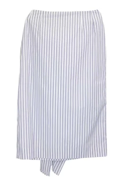 Blue striped cotton poplin tie-front asymmetric draped sarong-style knee-length skirt