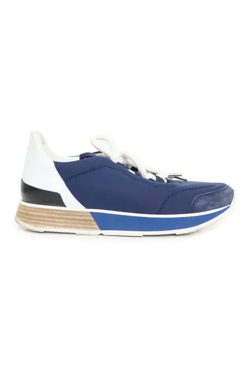 Blue technical canvas colour block graphic sneakers with calfskin and suede inserts
