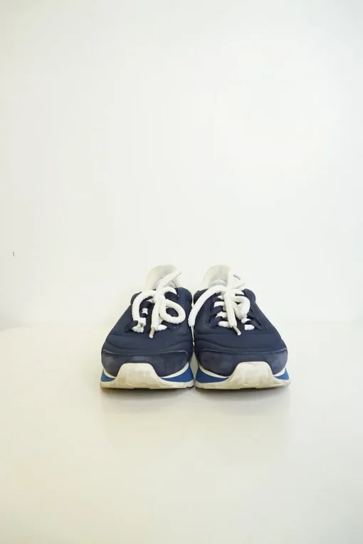 Blue technical canvas colour block graphic sneakers with calfskin and suede inserts