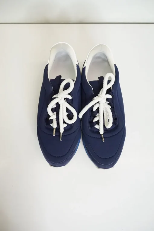 Blue technical canvas colour block graphic sneakers with calfskin and suede inserts