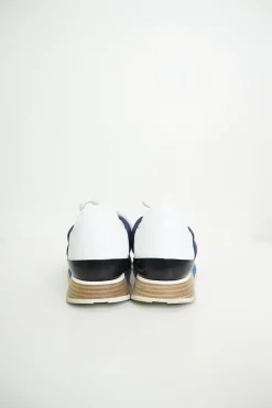 Blue technical canvas colour block graphic sneakers with calfskin and suede inserts