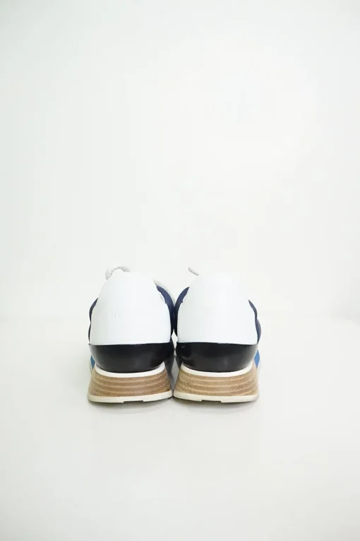 Blue technical canvas colour block graphic sneakers with calfskin and suede inserts