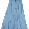 Blue viscose satin pull-on high-rise Jodie A-line belted midi skirt