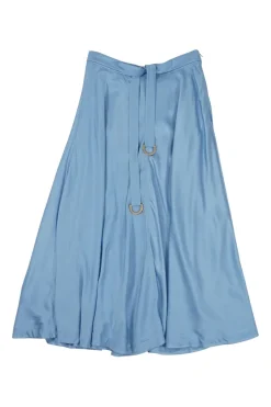 Blue viscose satin pull-on high-rise Jodie A-line belted midi skirt