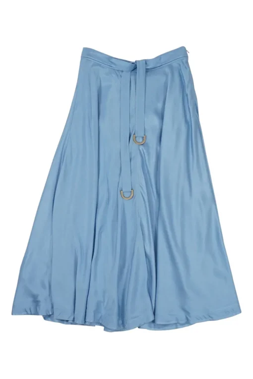 Blue viscose satin pull-on high-rise Jodie A-line belted midi skirt