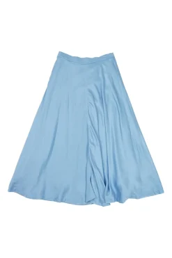 Blue viscose satin pull-on high-rise Jodie A-line belted midi skirt