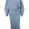 Blue, wool knit two piece set with cropped sweater and high waist super drop crotch cropped trousers.
