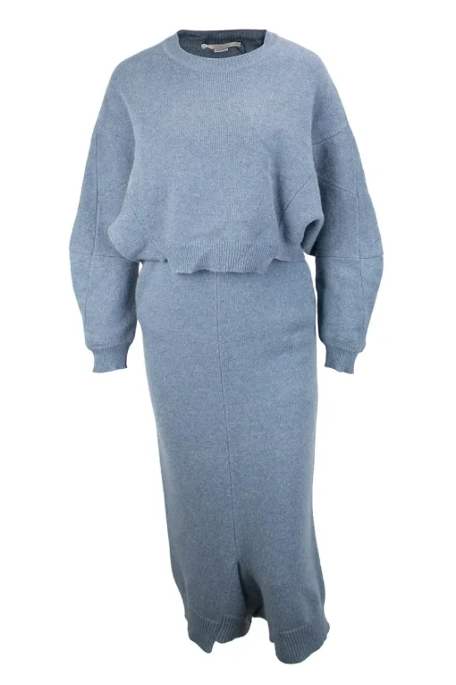 Blue, wool knit two piece set with cropped sweater and high waist super drop crotch cropped trousers.