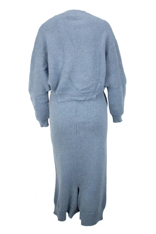 Blue, wool knit two piece set with cropped sweater and high waist super drop crotch cropped trousers.