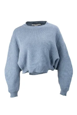 Blue, wool knit two piece set with cropped sweater and high waist super drop crotch cropped trousers.