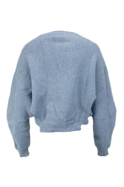 Blue, wool knit two piece set with cropped sweater and high waist super drop crotch cropped trousers.