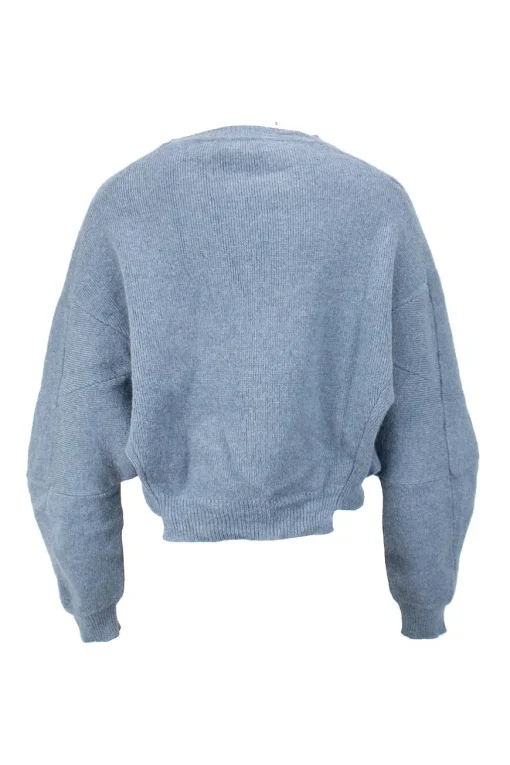 Blue, wool knit two piece set with cropped sweater and high waist super drop crotch cropped trousers.