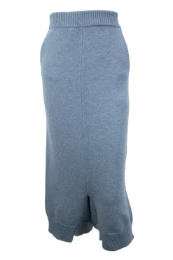 Blue, wool knit two piece set with cropped sweater and high waist super drop crotch cropped trousers.