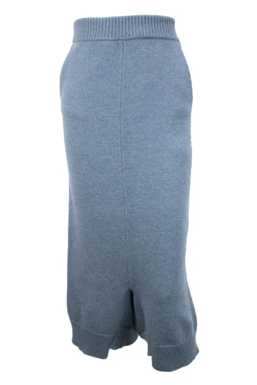 Blue, wool knit two piece set with cropped sweater and high waist super drop crotch cropped trousers.