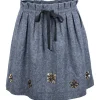 Blue wool mini skirt with bronze bead embellishment
