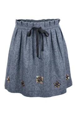 Blue wool mini skirt with bronze bead embellishment